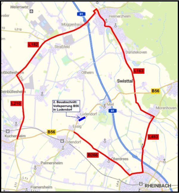 Auf dem Bild ist Die Umleitung zu sehen, die während der Vollsperrung im Rahmen des 2. Bauabschnitts eingerichtet wird. Sie führt An Rheinbach, Dünstekoven und Großbüllesheim kreisförmig zurück zur B56.